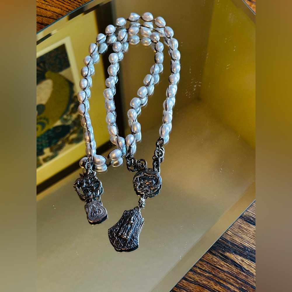 Akoya Blue/Silver Large Baroque Pearl Necklace 49 beads hand tied. Vishnu charm.